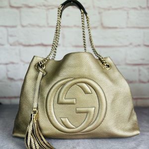 Authentic Gucci Soho Leather Medium Metallic Gold Chain Tote